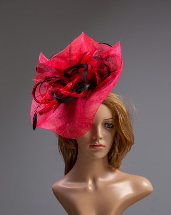 red and black loopand feather sinamay fascinator hat (1)