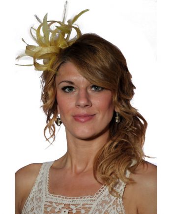 Yellow small sinamay and feather fascinator hat