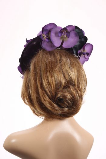 Aubergine sinamay saucer fascinator hatinator hat with purple and black orchid flowers