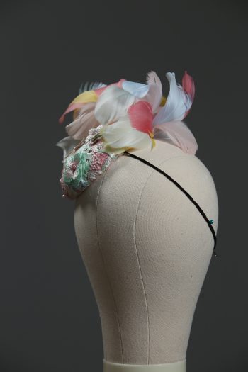3d lace sinimay button block with rainbow pastel feathers fascinator pillbox hat