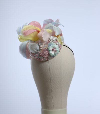 3d lace sinimay button block with rainbow pastel feathers fascinator pillbox hat