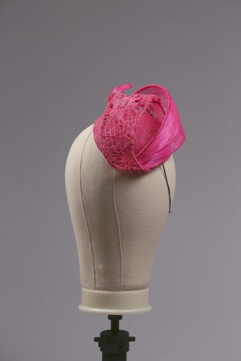 hot pink silk abaca lace and straw teardrop fascinator hat