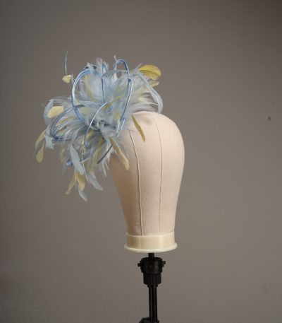 Ladies formal Baby blue and yellow medium feather and satin loop fascinator hat. Suitable for a wedding or ladies day at the races