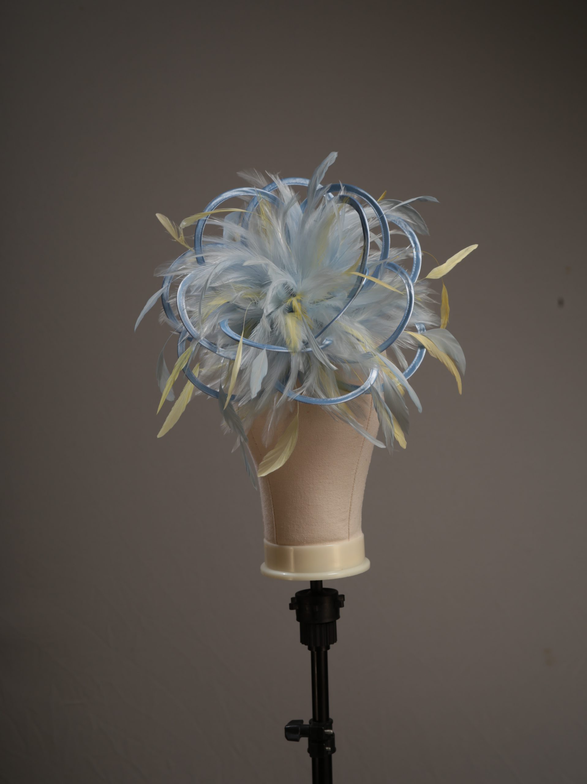 Ladies formal Baby blue and yellow medium feather and satin loop fascinator hat. Suitable for a wedding or ladies day at the races