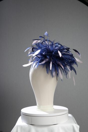 Ladies formal Navy Blue and Baby Pink medium feather and satin loop fascinator hat. Suitable for a wedding or ladies day at the races