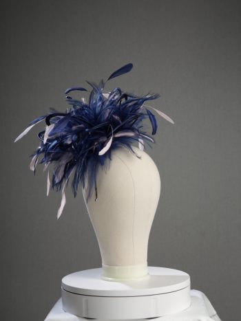 Ladies formal Navy Blue and Baby Pink medium feather and satin loop fascinator hat. Suitable for a wedding or ladies day at the races