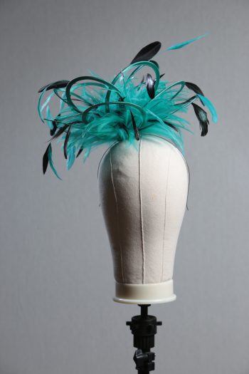 Ladies formal jade green and black medium feather and satin loop fascinator hat. Suitable for a wedding or ladies day at the races