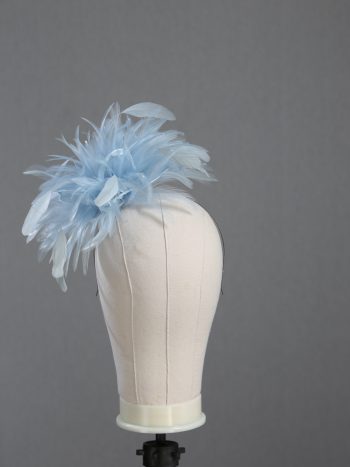 Ladies wedding or races baby blue small feather and satin loop fascinator hat