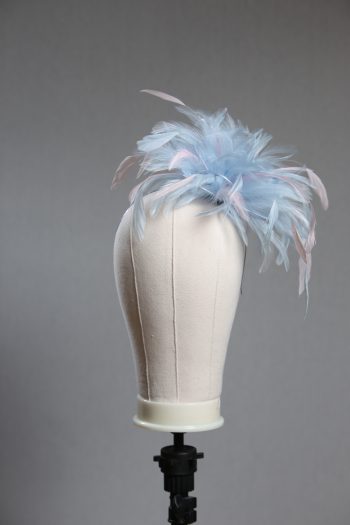 Ladies wedding or races baby blue and baby pink small feather and satin loop fascinator hat