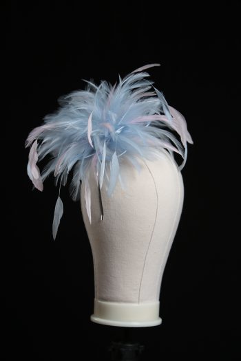 Ladies wedding or races baby blue and baby pink small feather and satin loop fascinator hat