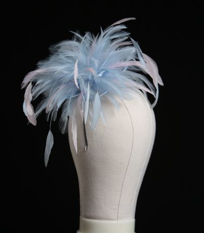 Ladies wedding or races baby blue and baby pink small feather and satin loop fascinator hat