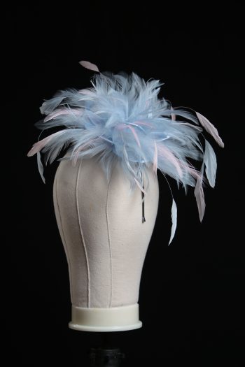 Ladies wedding or races baby blue and baby pink small feather and satin loop fascinator hat